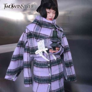 Twotwinstyle xadrez lace up casaco capa para mulheres lapela manga comprida irregular short tweed casacos feminino moda roupas 210517