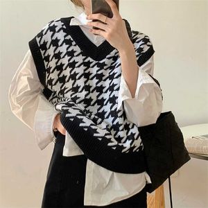 Houndstooth 조끼 풀오버 여성의 니트 조끼 가을과 겨울 느슨한 한국어 야외 스웨터 양복 조끼 211103