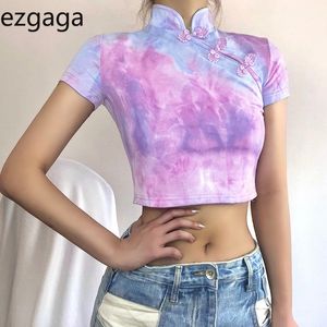 Ezgaga Women Sexy Tops Mandarin Collar Chic Fashion Tie Dye Cheongsam Buckle Short Sleeve Chinese Style Elegant Tshirts Street 210430