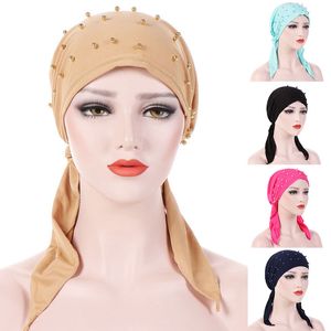 Fashion Muslim Headscarf Hat Thin Summer Women Inner Hijab Bonnet Solid Pearl Turban Caps India Head Wrap Hats For Lady