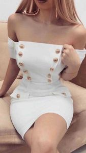 女性のセクシーなデザイナーボタン白い包帯ドレスレディース肩のイブニングボディコンパーティーヴェスティド210527