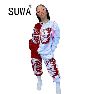 Partihandel Produkt Trendig Chic Printed Cool Girl Track Dräkt Kvinnor 2 Piece Matchande Sats BF Style Sweatshirt Top Baggy Pants 210525