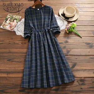 Vintage plaid klänning långärmad japansk stil söt flicka bomull elegant kvinnlig vestidos casual lös 7630 50 210508