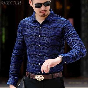 Mens Luxury Wave Floral Embroidery Lace Shirt Slim Fit Long Sleeve Sexy Mesh Shirts Men Party Dinner Wedding Transparent Chemise 210522