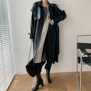 Korea Runway Designer Spadek / Jesień Skórzany Maxi Długi Trencz Z Pasem Chic Kobiet Windbreaker Classic XXL