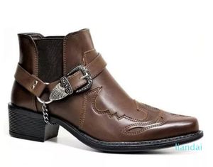 Elbise Ayakkabı Sonbahar Erkekler Ayak Bileği Çizmeler Chelsea Kalın Topuk Sivri Metal Dekorasyon Ayarlanabilir Kemer Toka Kovboy XM428 V1RV
