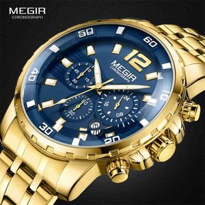 Megir Mäns Guld Rostfritt stål Kvarts Klockor Business Chronograph Analgue Armbandsur för Man Vattentät Lysande 206GGGD-2N3 210804