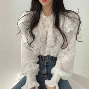 Sweet Girls Streetwear Patchwork Tops All Match Slim Women Stylish Gentle Ruffles Loose Office Lady Shirts 210525