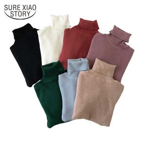 Случайный корейский длинный рукав женщины свитера пуловеры акриловая водолазка вязаная зимняя одежда свитер сплошная полосатая рубашка 7454 50 210527