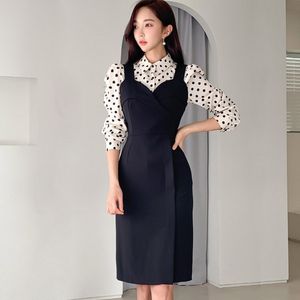 Spring Women 2 Piece Set Dress Fashion Office Ladies White Dot Shirt Tops + Black Halter Bodycon Pencil Dress Set 210518