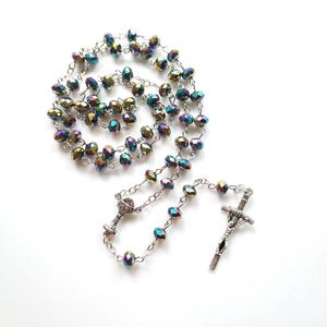 Color Crystal Rosary Necklace Vitage Cross Pendant Long Religious Jewelry For Women Men