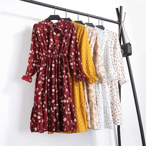 Mulheres Casual Outono Lady Estilo Coreano Vintage Floral Impresso Chiffon Camisa Vestido de Manga Longa Bow Midi Vestido de Verão Vestido Y0603