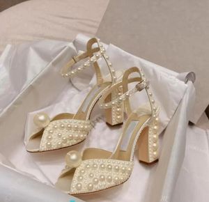 완벽한 디자이너 여성 Sacora Sandals 신발 여름 우아한 흰색 진주 스트랩 레이디 하이힐 파티 웨딩 신부 펌프 검투사 샌들 리아 EU35-43