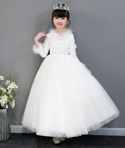 Zima Białe Rękawy Klejnot Feather Girl s Pagew Flower Girl Dresses Princess Party Child Spódnica Custom Made