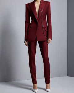 Retro Burgundy Women Suits Elegant Custom Made Peaked Lapel Blazer Office Lady Party Prom Jacket 2 Pieces Set Women's Two Piece Pants