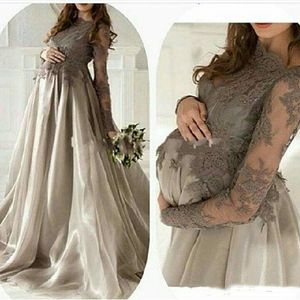 Elegant Maternity Long Sleeves Evening Dresses 2021 Jewel Neck Lace Applique Organza Skirt Plus Size Pregnant Women Prom Gowns Formal Party Dress Gray
