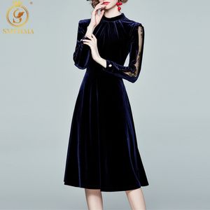Women Autumn Winter Elegant Velvet Dress High Quality Vintage Femme Long Sleeve Patchwork Vestido Da Festa 210520