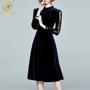 Mulheres Outono Inverno Elegante Velho Vestido de Alta Qualidade Vintage Femme Manga Longa Patchwork Vestido da Festa 210520