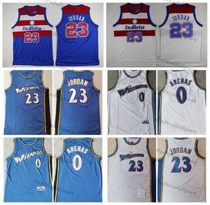 Mens Vintage 2003-2004 Gilbert Arenas #0 Bullets 농구 유니폼 23 Michael Jodan 블루 화이트 레트로 스티치 셔츠 S-XXL