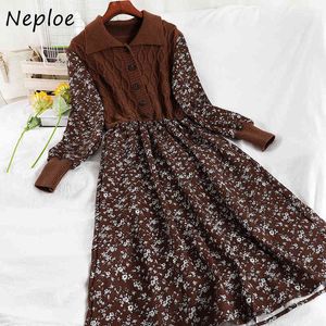 Neploe Chic Flower Print Knitted Patchwork Women Dress Turn-down Collar Panelled Fake Two Piece Vestidos French Style Dresses 210423