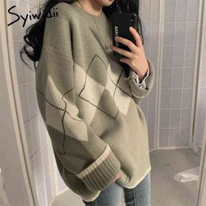 Syiwidii ​​Kobieta Argyle Swetry Jesień Zimowe Pulowers Z Długim Rękawem O-Neck Luźne Dzianiny Koreańskie Topy Casual Vintage Jumper 210806