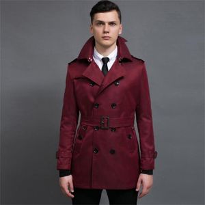 Wine Red Mens Trench Coats Man Double-breasted Coat Spring Autumn Men Clothes Slim Fit Overcoat Long Sleeve 2021 Designer Men's