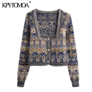 Kpytomoa Kobiety Moda Jacquard Cropped Dzianiny Sweter Sweter Vintage Długim Rękawem Button-Up Kobiet Odzież Odzieży Weniorowe Topy 210914