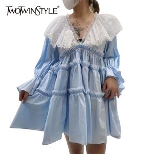 女性Vネックランタン長袖緩いヒットカラーミニドレス女性夏210520のための甘いパッチワークレースのドレス