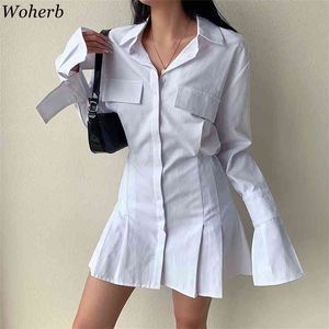 Vestido mulher primavera verão coreano plissado cintura camisa vestidos feminino manga comprida elegante mini vestido 210519