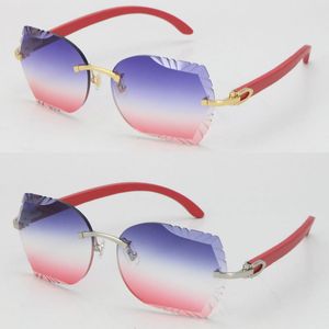 Rimless Red Wood C Dekoration Vintage Luxury Cat Eye Solglasögon Square Form Face Carving Lens Unisex Driving Glasses 18K Gold Metal Frame Man och Female Eyewear