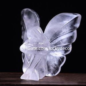Handgjord Naturlig ädelsten Carving Butterfly Fairy Inredning Inredning Rose Quartz Clear Crystal Fluorite Rhodonite Prydnad Staty Djur Collectible