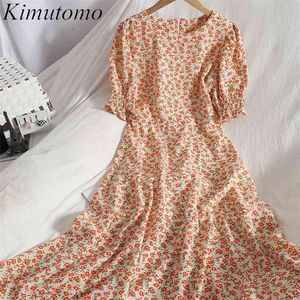 Kimutomo elegant tryck mild klänning kvinnor söt blommig kläder sommar korean o neck kort puff ärm vestido 210521