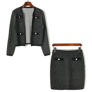 Kvinnor Svart Vit Plaid Tweed Button Jacka Mini Kjol Penna 2 Två Pieces Set Elegant Vinter T0260 210514