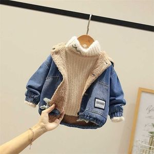 Baby Ocean Denim Jacket Winter Children's Clothing Korean Boys Casual Plus Velvet Ambswool Coats 2-6Y 211204
