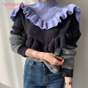 Aelegantmis koreansk stil lös turtleneck ruffle mysig tröja kvinnor varm mjuk stickad pullover kvinnlig färg block jersey mujer 210607