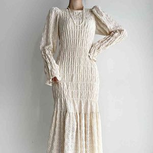 Eleganta Ruffles Patchwork Dress Kvinnor Lång Solid Vestidos O Neck Pullover Robe Spring Hollow Design Bomullskläder 16W847 210510