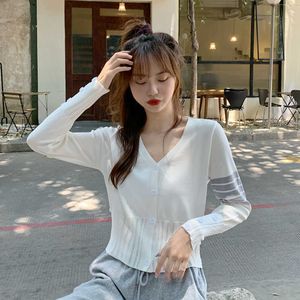 Cardigan kvinnor koreansk långärmad sommar beskärda stickade v hals tunna is silke tröja solskyddsskjorta toppar 210608