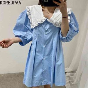 Korejpaa Kadınlar Elbise Yaz Kore Chic Yaş-Düşürücü Bebek Yaka Ahşap Kulak Dikiş Tek Göğüslü Puf Kol Vestidos 210526