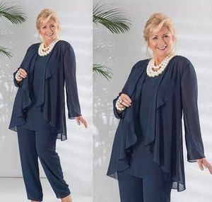 Chiffon plus Größe Mutter der Braut Hose Anzüge mit Jacke Lange Ärmel Drei Stücke Bräutigam Mütter Formale Abendkleidung Hochzeit Gastkleider 2021