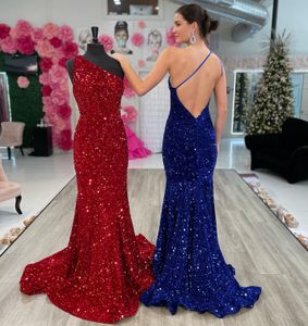 Sparkle Sexy Mermaid Evening Dresses 2023 Long Sequined One Shoulder Prom Gowns For Formal Party Vestidos Largos Fiesta Miss Lady Pageant Cocktail Backless 2k23