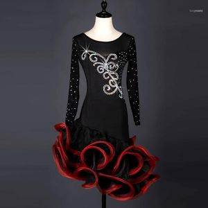 Sexy Long Sleeve Diamond Black Lace Red Embellishment Latin Dance Dress Women/Girls/Lady Dancewear Salsa Skirts Stage Cl1