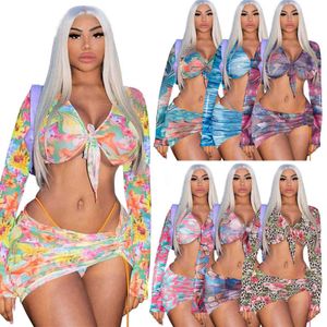 Womens Three Piece Set Dresses Summer Designer Sexy Printing Irregular Drawstring Long Sleeve Short Skirt Bandage Hip Wrapped Dress