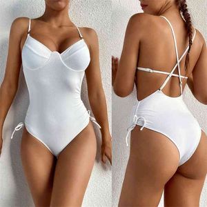 Kvinna Sling Bikini Sexig Backless Bandage Hollow Out Side Drawstring Ribbed White Push Up Lady Bodysuit Swimsuit 210604