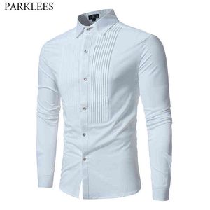 Solid Color Men Koszula Tuxedo Koszulki Oblubienia Koszule Ślubne Z Długim Rękawem Slim Fit Casual Mens Sukienka Koszule Camisa Masculina XL G0105