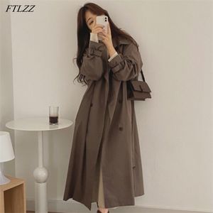 Spring Autumn Women Loose Solid Long Sleeve Jacket Coat Double-breasted Tailored Collar Trench with Belt 210430