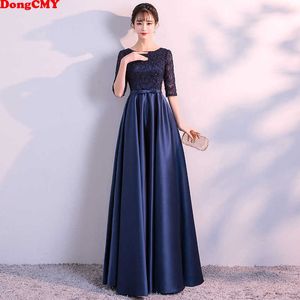 Dongcmy Longo Formal Vestidos de Noite Elegante Renda Cetim Azul Marinho Vestidos Femininos Vestido de Festa SH190827