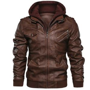 Mens Outwear Bomber Vintage Autumn Black PU Leather Casual Jacket Slim Fit Motorcycle Biker Coats Removable Hood 210909