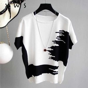 Yaz Kadın Kazak Kazak Ince Kabuk Örme Tops Patchwork O Boyun Temel Jumper Kısa Kollu Kazak Jersey Mujer 210604