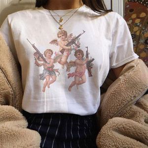 夏のTシャツの新しいかわいい天使プリント女性の漫画ラウンドカラー半袖カジュアルエレガントな大きいサイズの女の子たちを書くトップ210422