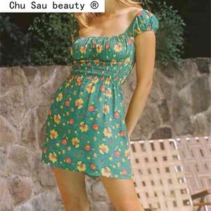 ファッション自由奔放に生きるスタイルの花柄ミニドレス女性夏ホリデーシックな弾性ウエストスラッシュネックコットンドレス女性210508